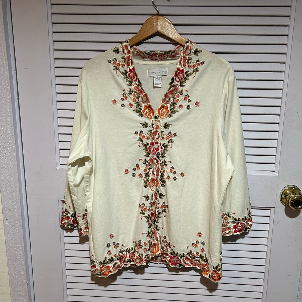 Susan Graver Linen Mix Floral Embroidered Cram Blouse Size Large.